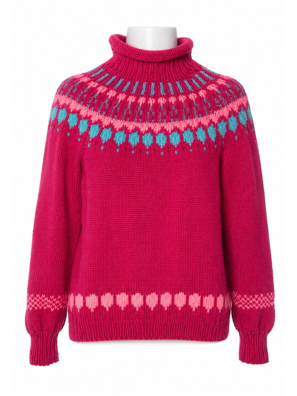 Size‎ M Handmade Fair Isle Turtleneck Sweater Pink Heart Knit Cozy Cottagecore